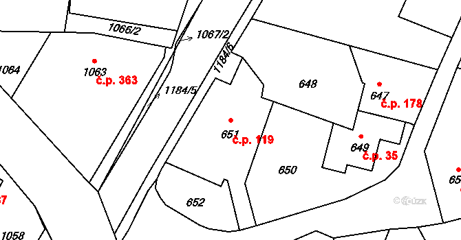 Jablůnka 119 na parcele st. 651 v KÚ Jablůnka, Katastrální mapa