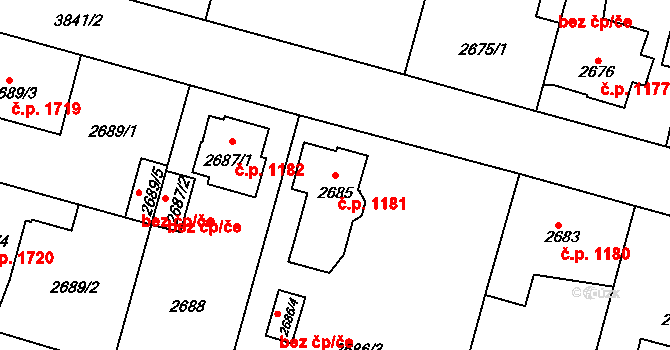 Horní Počernice 1181, Praha na parcele st. 2685 v KÚ Horní Počernice, Katastrální mapa