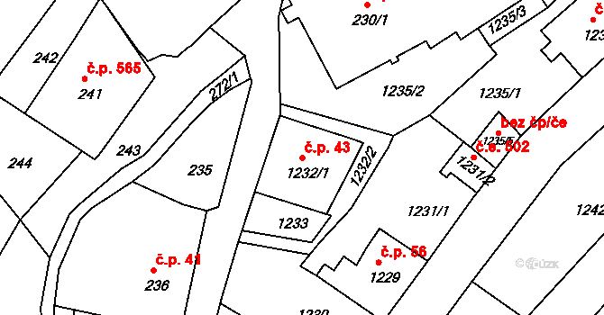 Rumburk 1 43, Rumburk na parcele st. 1232/1 v KÚ Rumburk, Katastrální mapa