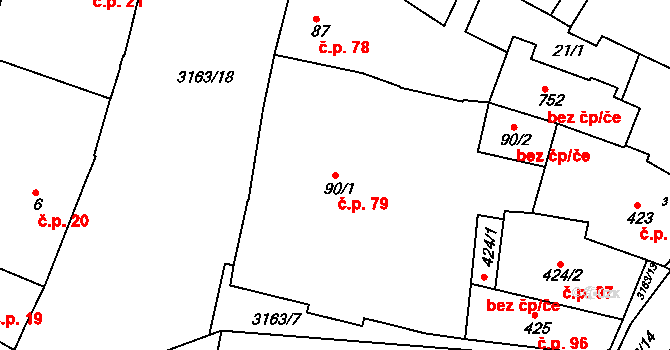Ivančice 79 na parcele st. 90/1 v KÚ Ivančice, Katastrální mapa