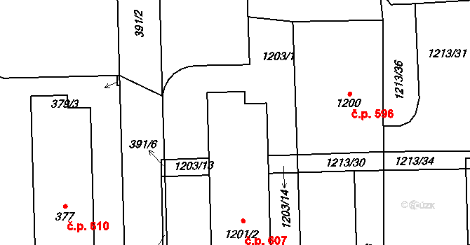 Šumbark 607, Havířov na parcele st. 1201/2 v KÚ Šumbark, Katastrální mapa