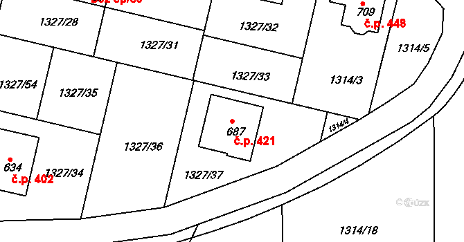 Katovice 421 na parcele st. 687 v KÚ Katovice, Katastrální mapa