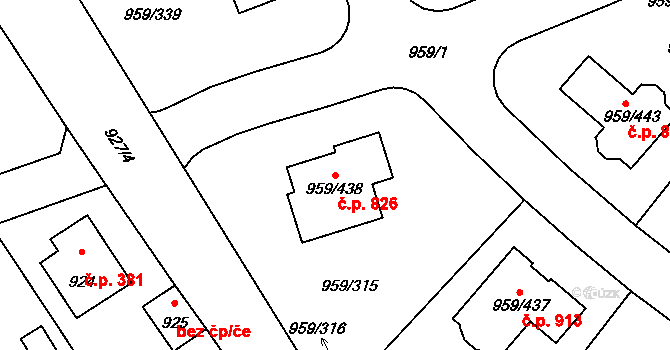 Průhonice 826 na parcele st. 959/438 v KÚ Průhonice, Katastrální mapa