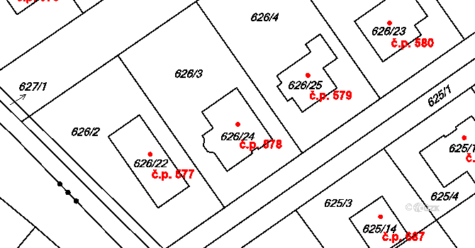 Jirny 578 na parcele st. 626/24 v KÚ Jirny, Katastrální mapa