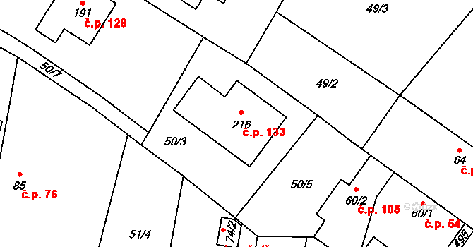 Rostoklaty 133 na parcele st. 216 v KÚ Rostoklaty, Katastrální mapa