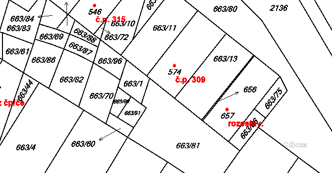 Strachotín 309 na parcele st. 574 v KÚ Strachotín, Katastrální mapa