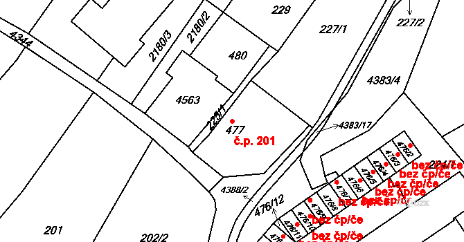 Valašské Klobouky 201 na parcele st. 477 v KÚ Valašské Klobouky, Katastrální mapa
