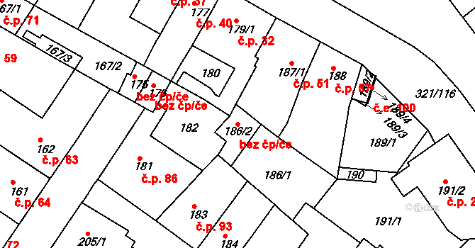 Teplice 42361303 na parcele st. 186/2 v KÚ Prosetice, Katastrální mapa