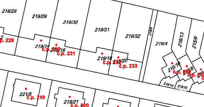 Otice 232 na parcele st. 219/18 v KÚ Otice, Katastrální mapa