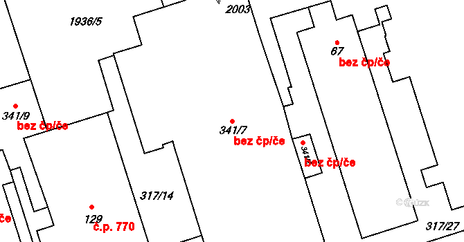 Horní Bříza 42818303 na parcele st. 341/7 v KÚ Horní Bříza, Katastrální mapa
