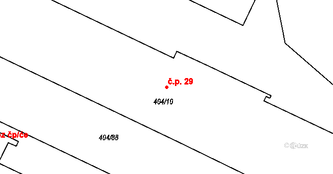 Tušimice 29, Kadaň na parcele st. 404/10 v KÚ Tušimice, Katastrální mapa