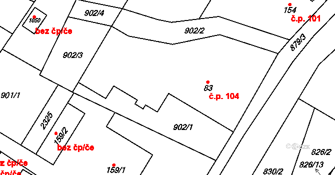Hanušovice 104 na parcele st. 83 v KÚ Hanušovice, Katastrální mapa