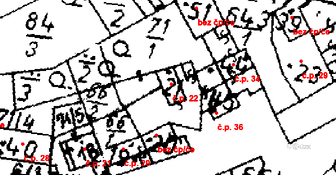 Jemníky 22 na parcele st. 21 v KÚ Jemníky, Katastrální mapa