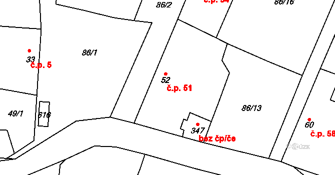 Korycany 51, Neratovice na parcele st. 52 v KÚ Korycany, Katastrální mapa