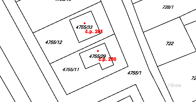 Lovčičky 280 na parcele st. 4755/29 v KÚ Lovčičky, Katastrální mapa