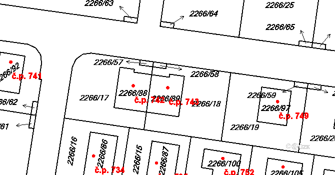 Tuchlovice 743 na parcele st. 2266/89 v KÚ Tuchlovice, Katastrální mapa