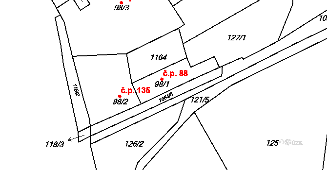 Šťáhlavy 88 na parcele st. 98/1 v KÚ Šťáhlavy, Katastrální mapa