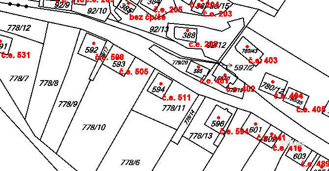Šťáhlavy 511 na parcele st. 594 v KÚ Šťáhlavy, Katastrální mapa