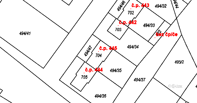 Krumvíř 445 na parcele st. 704 v KÚ Krumvíř, Katastrální mapa