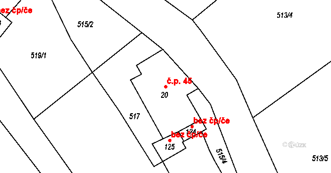 Cvrčovice 45, Zdounky na parcele st. 20 v KÚ Cvrčovice u Zdounek, Katastrální mapa