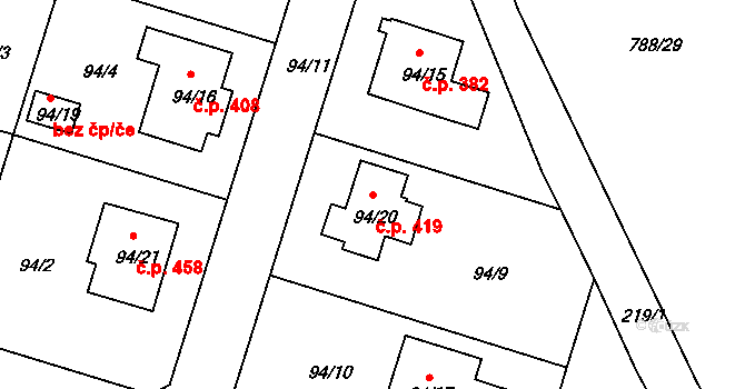 Včelná 419 na parcele st. 94/20 v KÚ Včelná, Katastrální mapa