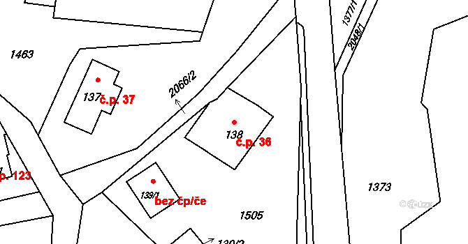 Huntířov 36, Skuhrov na parcele st. 138 v KÚ Skuhrov u Železného Brodu, Katastrální mapa