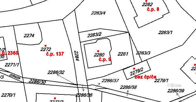 Roztoky 9 na parcele st. 2280 v KÚ Roztoky u Prahy, Katastrální mapa