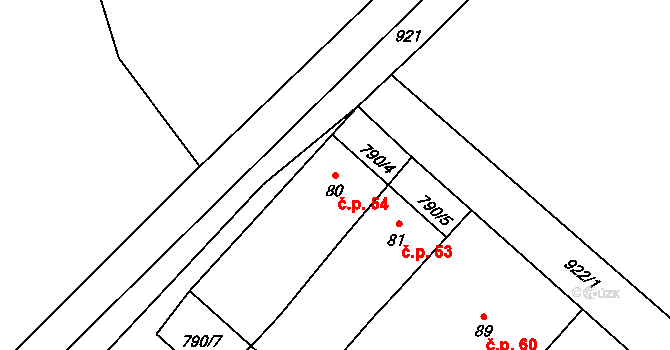 Panské Dubenky 54 na parcele st. 80 v KÚ Panské Dubenky, Katastrální mapa