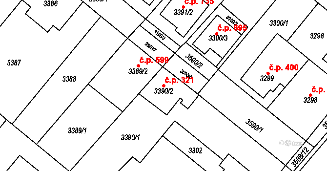 Dědice 321, Vyškov na parcele st. 3390/2 v KÚ Vyškov, Katastrální mapa
