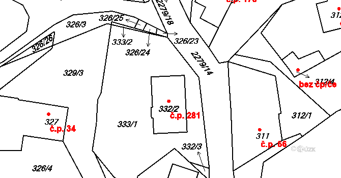 Košťálov 281 na parcele st. 332/2 v KÚ Košťálov, Katastrální mapa
