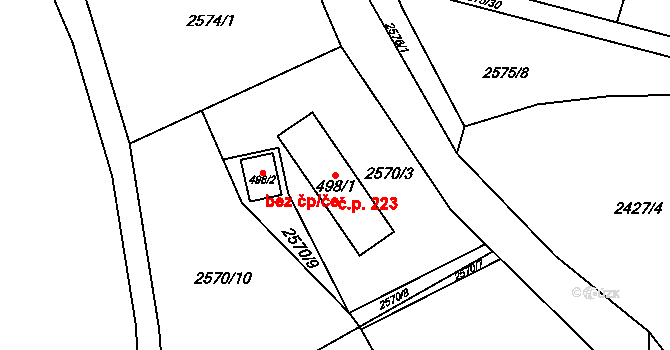 Rožnov pod Radhoštěm 223 na parcele st. 498/1 v KÚ Rožnov pod Radhoštěm, Katastrální mapa