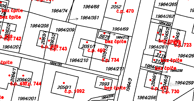 Borovina 734, Třebíč na parcele st. 2051/2 v KÚ Třebíč, Katastrální mapa