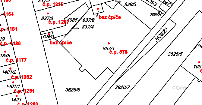Břeclav 578 na parcele st. 837/1 v KÚ Břeclav, Katastrální mapa