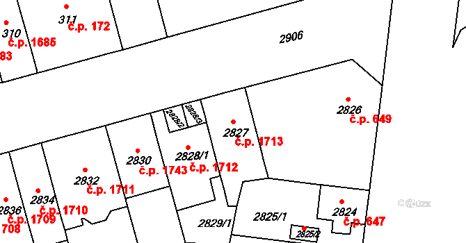 Černá Pole 1713, Brno na parcele st. 2827 v KÚ Černá Pole, Katastrální mapa