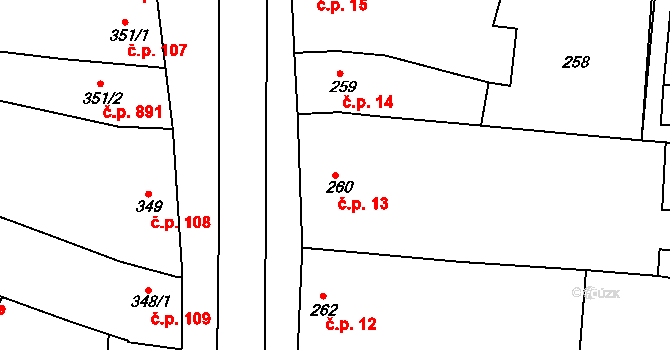 Komín 13, Brno na parcele st. 260 v KÚ Komín, Katastrální mapa