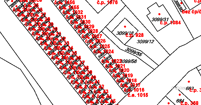 Pelhřimov 1022 na parcele st. 3099/41 v KÚ Pelhřimov, Katastrální mapa