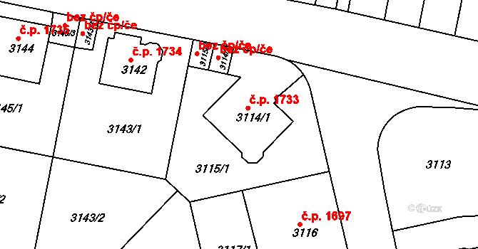 Teplice 1733 na parcele st. 3114/1 v KÚ Teplice, Katastrální mapa