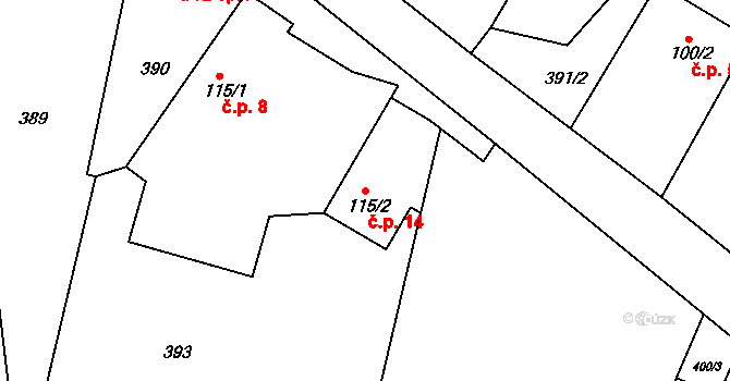 Stračovská Lhota 14, Mžany na parcele st. 115/2 v KÚ Stračovská Lhota, Katastrální mapa