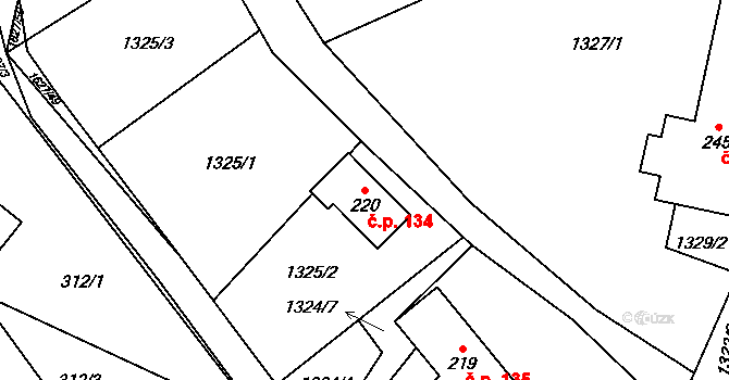 Huntířov 134, Vítězná na parcele st. 220 v KÚ Huntířov, Katastrální mapa