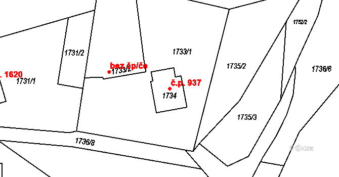 Frýdlant 937, Frýdlant nad Ostravicí na parcele st. 1734 v KÚ Frýdlant nad Ostravicí, Katastrální mapa
