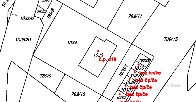 Jablůnka 419 na parcele st. 1033 v KÚ Jablůnka, Katastrální mapa