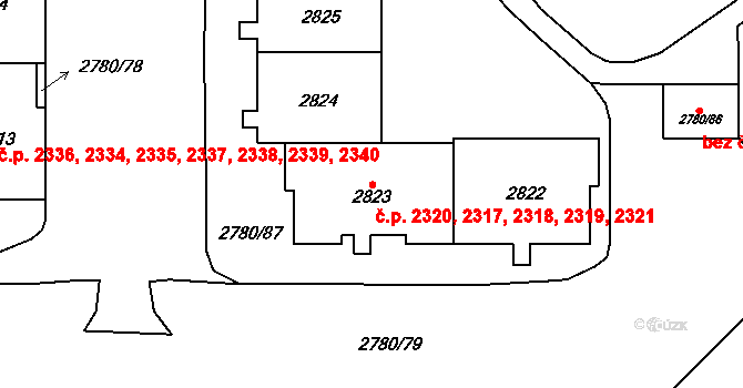 Stodůlky 2317,2318,2319,2320,, Praha na parcele st. 2823 v KÚ Stodůlky, Katastrální mapa