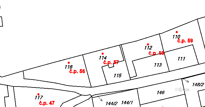Suchdol 57, Praha na parcele st. 114 v KÚ Suchdol, Katastrální mapa