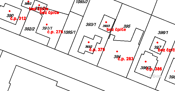 Čimice 379, Praha na parcele st. 393/2 v KÚ Čimice, Katastrální mapa