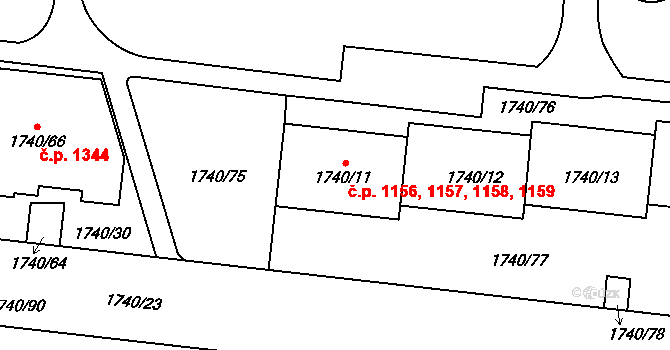Hostivař 1156,1157,1158,1159, Praha na parcele st. 1740/11 v KÚ Hostivař, Katastrální mapa
