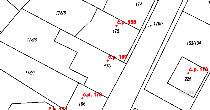 Břežany II 159 na parcele st. 176 v KÚ Břežany II, Katastrální mapa