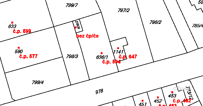 Vrahovice 594, Prostějov na parcele st. 636/1 v KÚ Vrahovice, Katastrální mapa