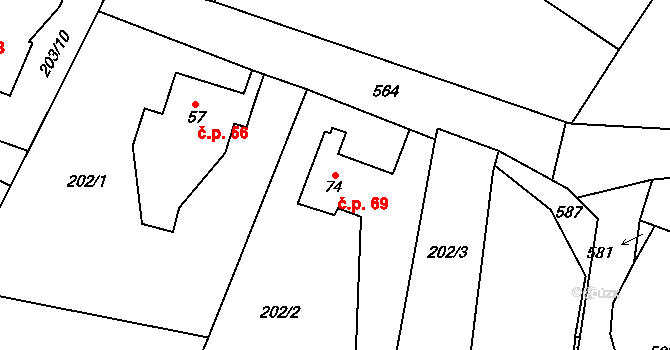 Lžovice 69, Týnec nad Labem na parcele st. 74 v KÚ Lžovice, Katastrální mapa