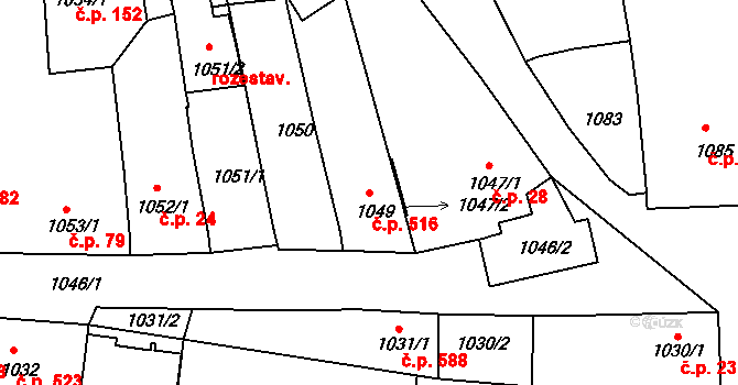 Hlohovec 516 na parcele st. 1049 v KÚ Hlohovec, Katastrální mapa