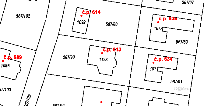 Šestajovice 613 na parcele st. 1123 v KÚ Šestajovice u Prahy, Katastrální mapa